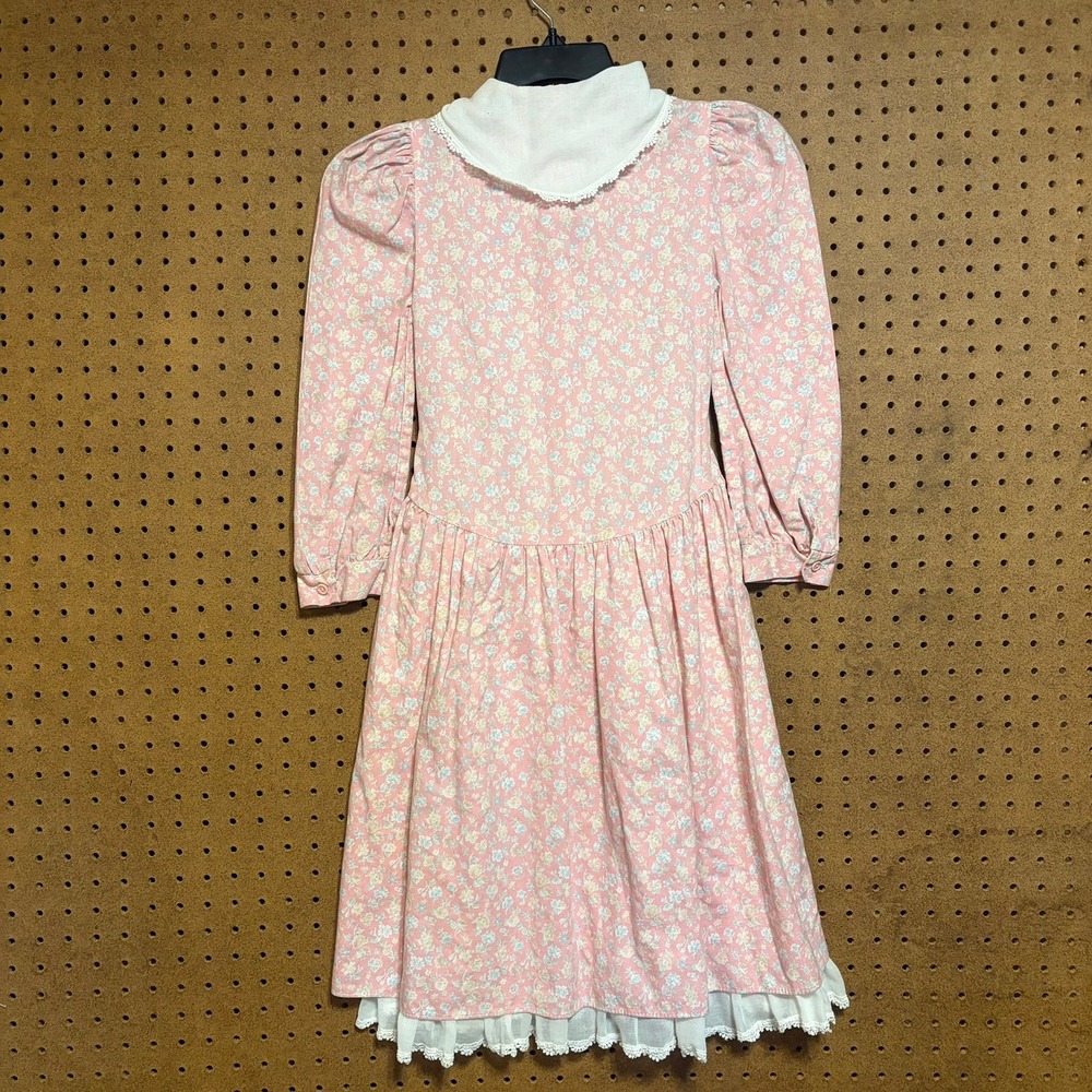 Sarah Kent Girls Vintage Pink Floral Prairie Dress Lace 8‎ Cottage Retro Dainty